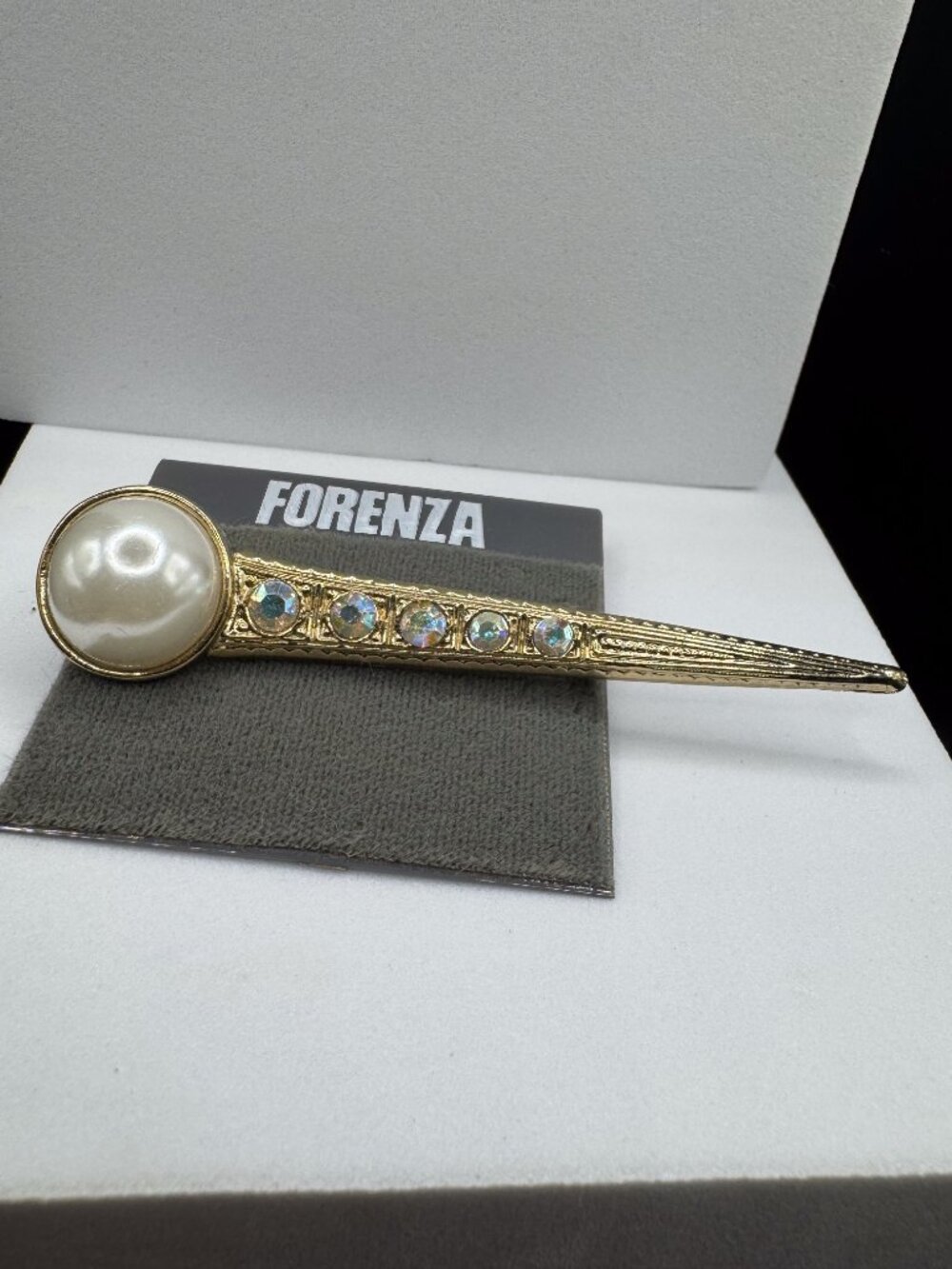 Vintage Forenza Faux Pearl AB Rhinestone Long Gold Tone Brooch Pin
